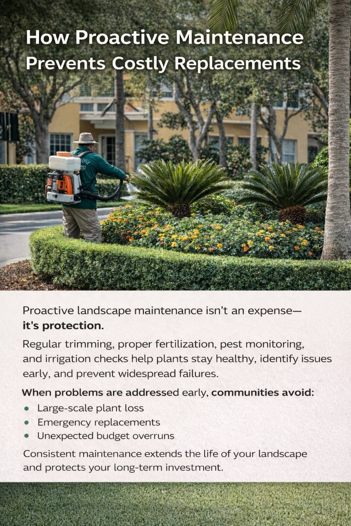 Schoen Property Specialist crew performing landscape maintenance at a commercial property in South Florida
